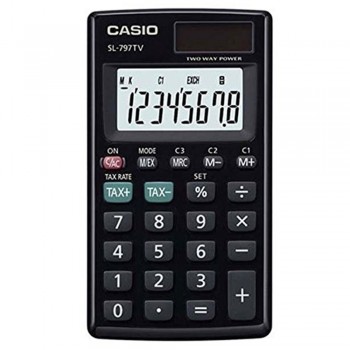 Casio Practical Handheld Calculator - 8 Digits, Solar & Battery, Extra Large Display, Tax & Exchange, Tough Cover, Profit Margins (SL-797TV-BK-W)